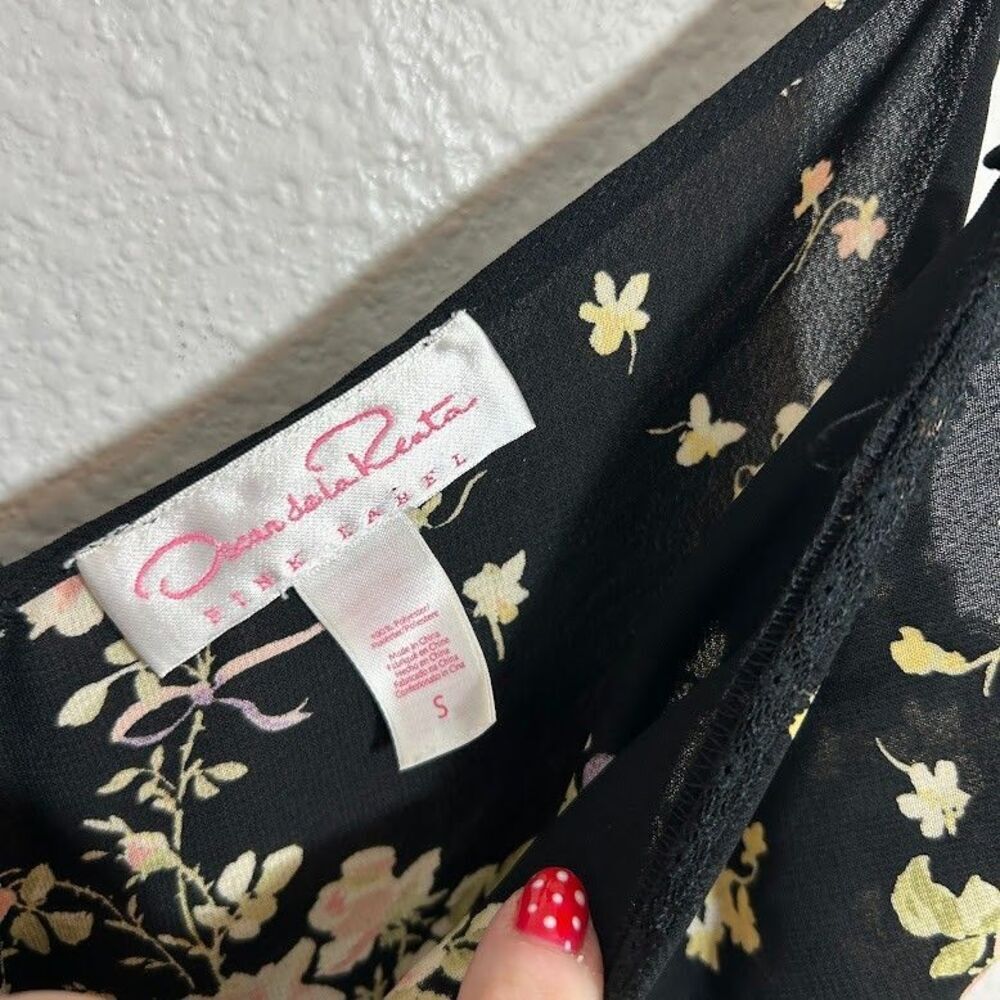 VTG Oscar de la Renta Satin Slip Dress S Black Floral Coquette Pink Label Fairy - Picture 9 of 9